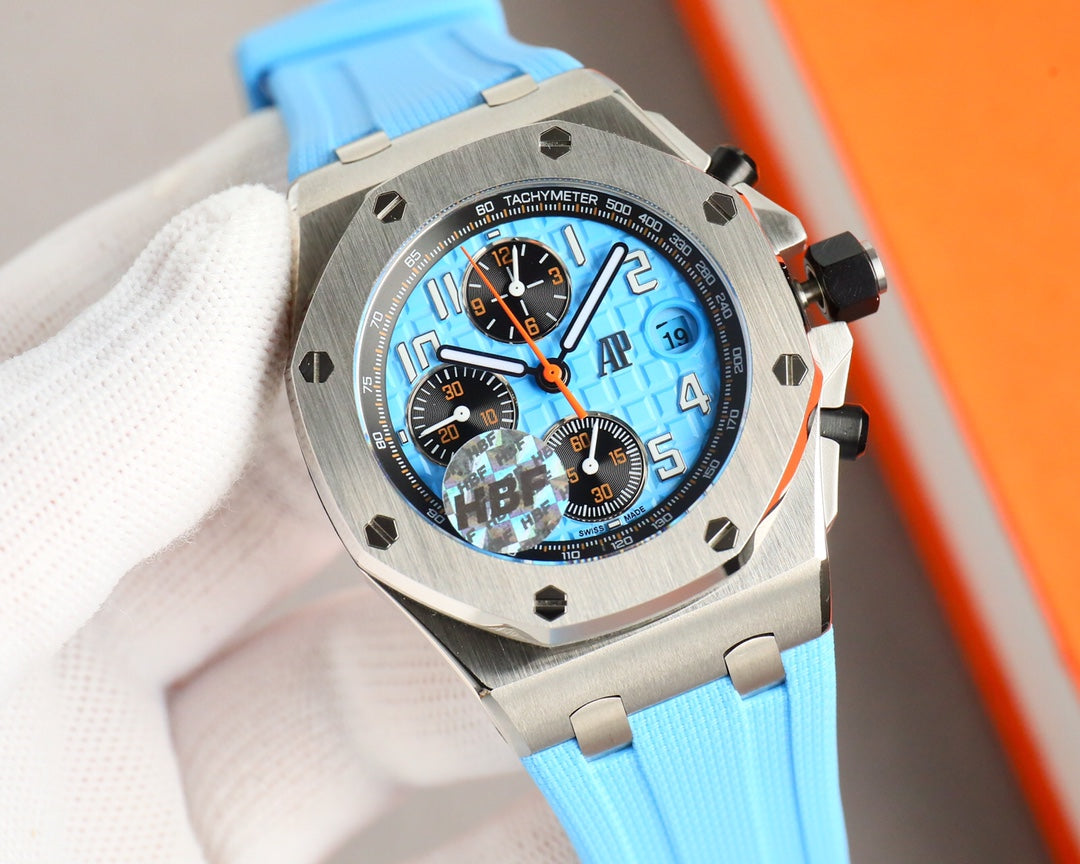 Chronograph - Baby blue White Ceramic Bezel - Blue Rubber - Automatic - 42mm