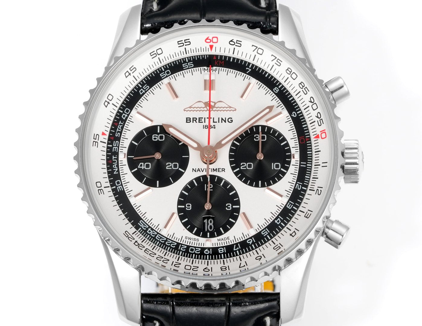 Chronograph - White Bezel- Panda Face - N-Timer - Black Leather - Automatic - 43mm