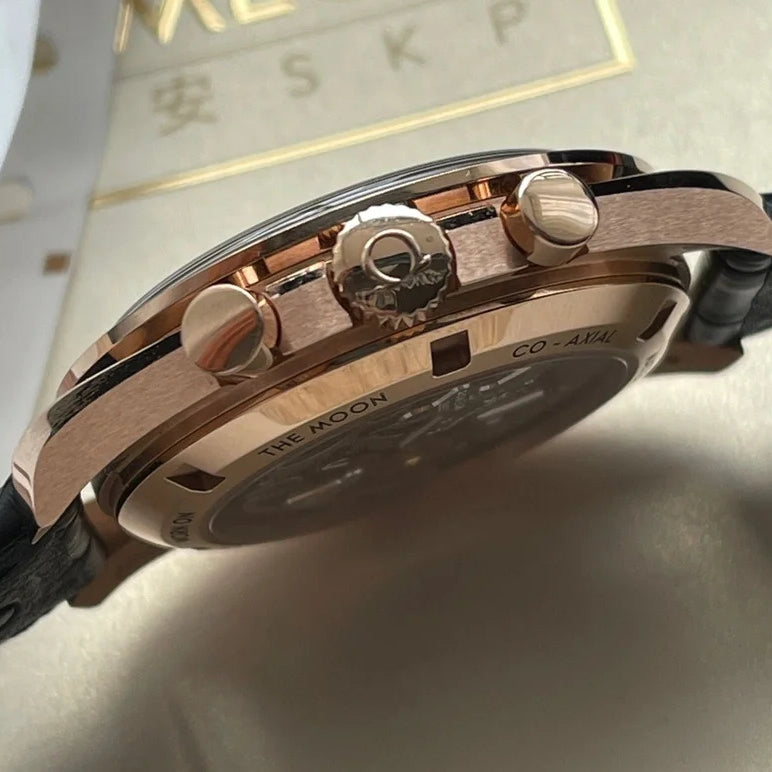 Chronograph -Rosegold- Black - Black Leather- Automatic - 42mm