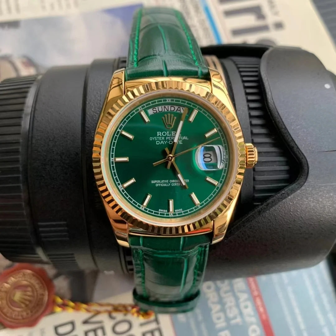 Rolex Day-Date, ref. 118138, yellow gold with green leather strap