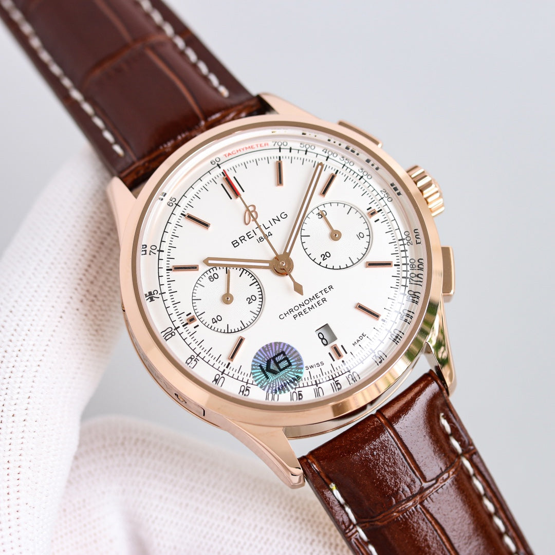 Chronograph -Rosegold White - Brown Leather - Automatic - 42mm