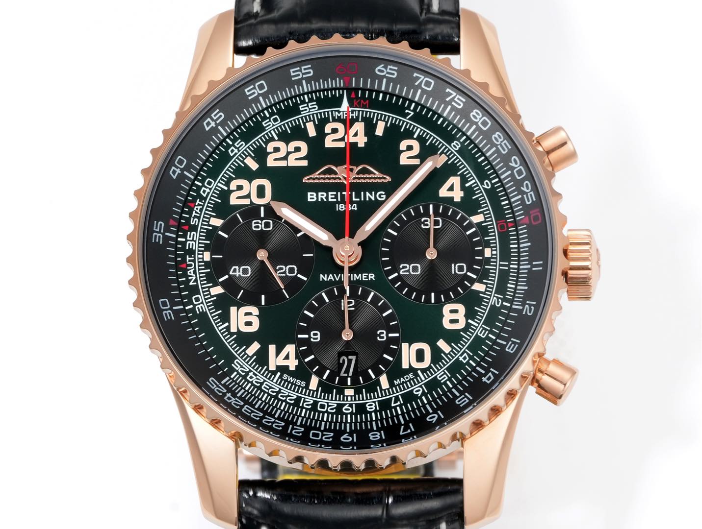Chronograph - Rosegold bezel - Green Black - N-Timer - Black Leather - Automatic - 43mm