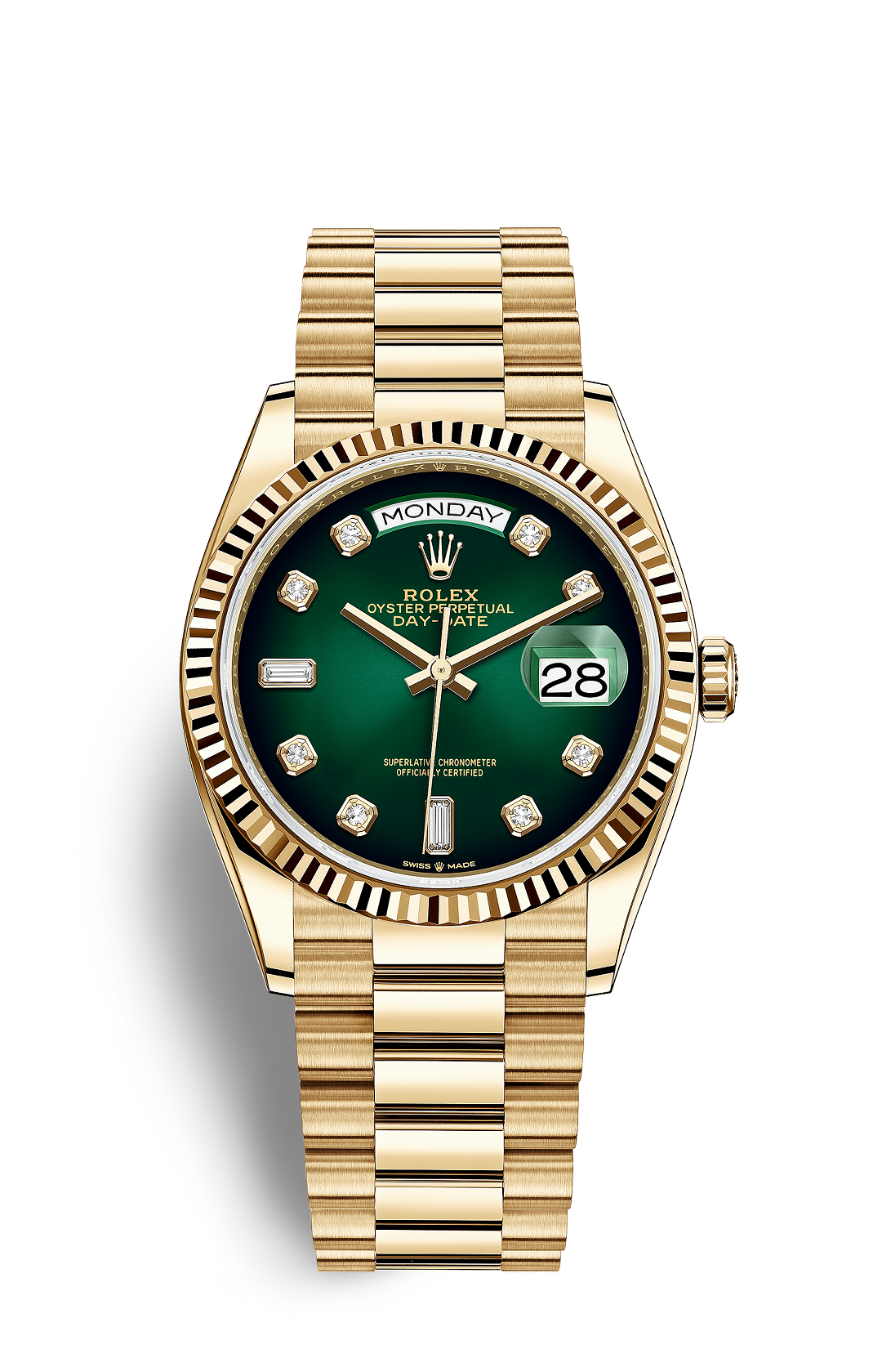 Rolex Day-Date, yellow gold, green dial (various sizes)