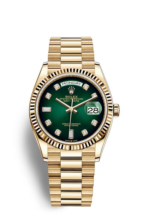 Rolex Day-Date, yellow gold, green dial (various sizes)