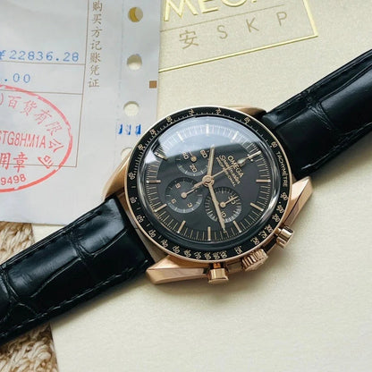 Chronograph -Rosegold- Black - Black Leather- Automatic - 42mm