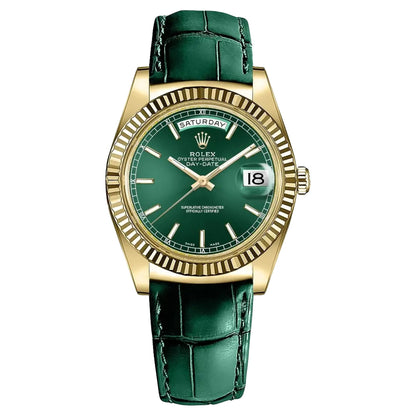 Rolex Day-Date, yellow gold with green leather strap