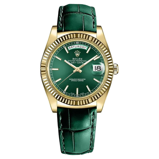 Rolex Day-Date, yellow gold with green leather strap