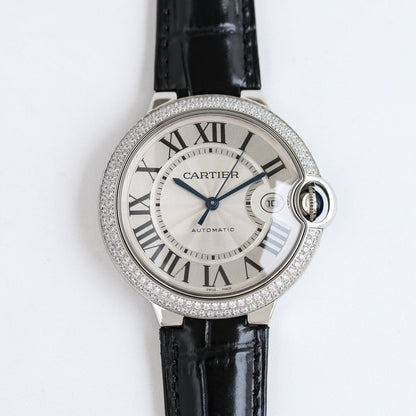 Luxury Diamond Bezel- White Silver- Black Leather - Automatic - 36/42mm