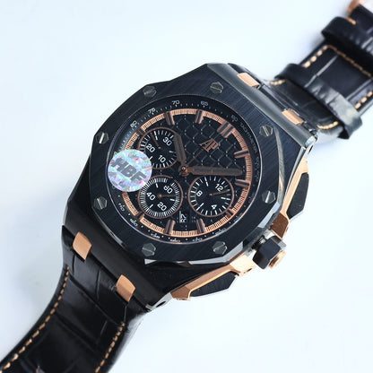TOP! Rosegold Black Ceramic Bezel - Black Leather - Automatic - 44mm