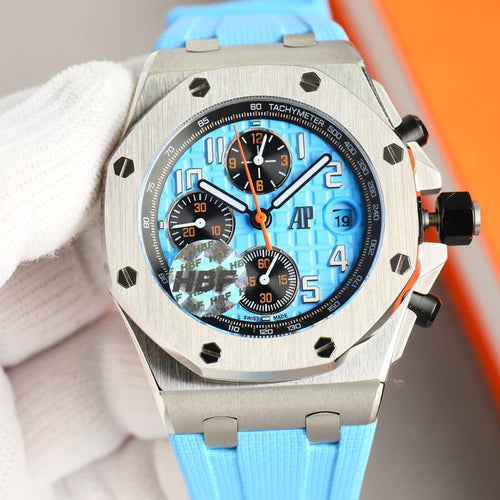 Chronograph - Baby blue White Ceramic Bezel - Blue Rubber - Automatic - 42mm