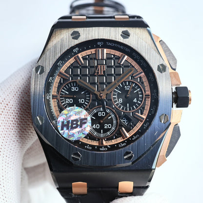 TOP! Rosegold Black Ceramic Bezel - Black Leather - Automatic - 44mm