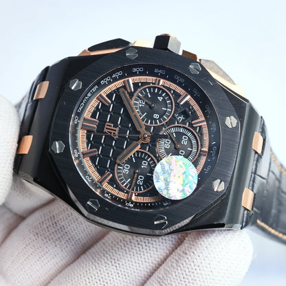 TOP! Rosegold Black Ceramic Bezel - Black Leather - Automatic - 44mm