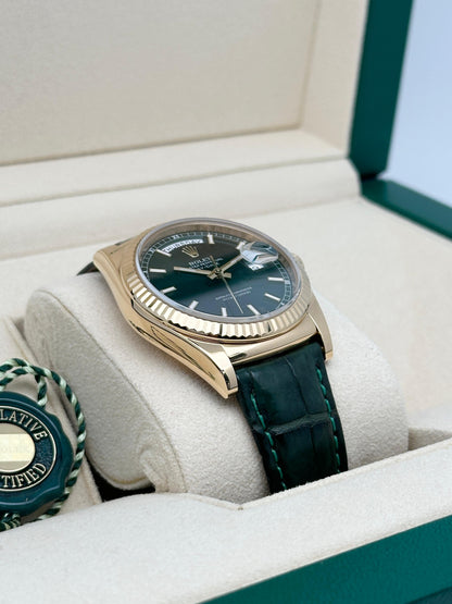 Rolex Day-Date, yellow gold with green leather strap