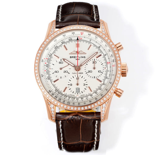 Chronograph - Rhinestone bezel - Rosegold White - N-Timer - Brown Leather - Automatic - 43mm