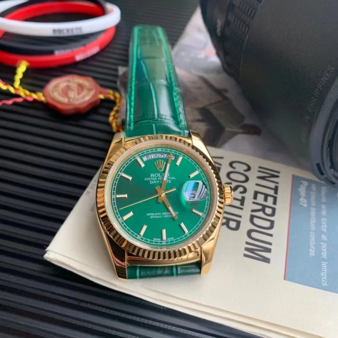 Rolex Day-Date, ref. 118138, yellow gold with green leather strap
