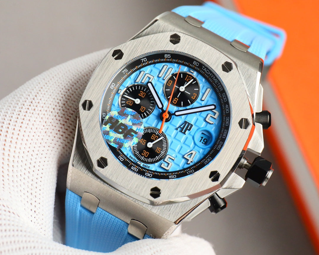 Chronograph - Baby blue White Ceramic Bezel - Blue Rubber - Automatic - 42mm