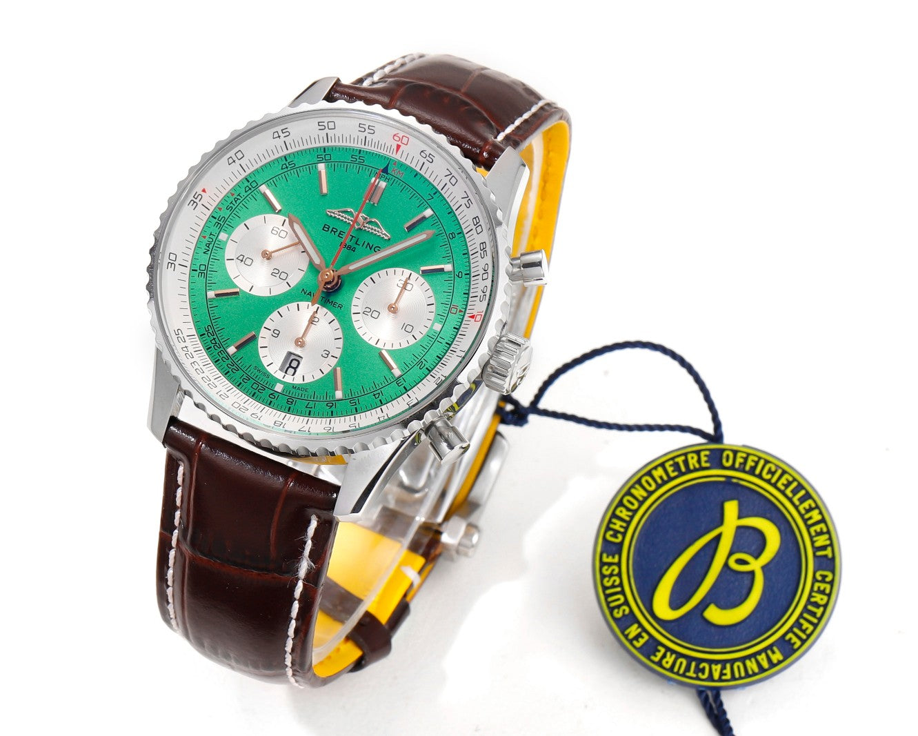 Chronograph - White Ceramic - Green- N-Timer - Brown Leather - Automatic - 43mm