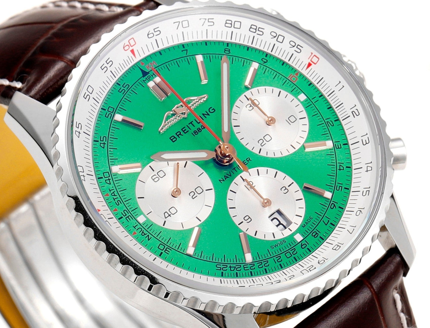 Chronograph - White Ceramic - Green- N-Timer - Brown Leather - Automatic - 43mm