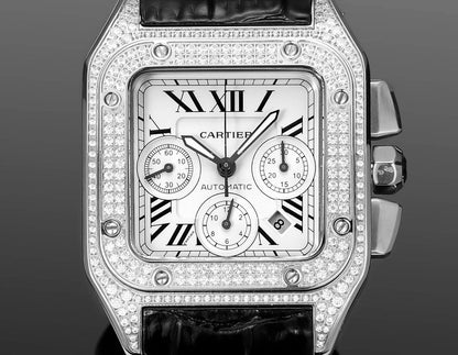 Chronograph - Silver Rhinestone 316L Steel - Black Leather - Automatic - 42mm