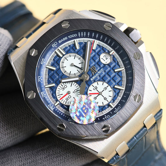 TOP! Blue Black Ceramic Bezel - Blue Leather - Automatic - 44mm