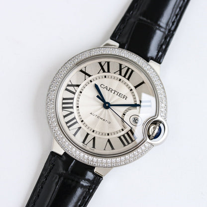 Luxury Diamond Bezel- White Silver- Black Leather - Automatic - 36/42mm