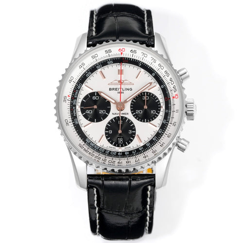 Chronograph - White Bezel- Panda Face - N-Timer - Black Leather - Automatic - 43mm