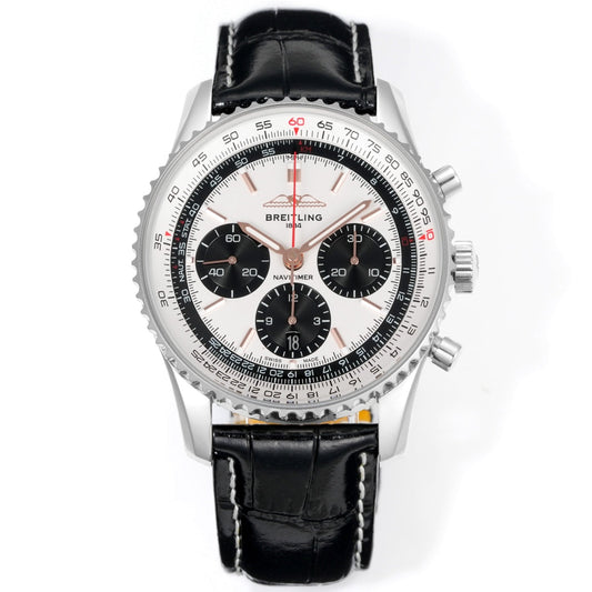 Chronograph - White Bezel- Panda Face - N-Timer - Black Leather - Automatic - 43mm