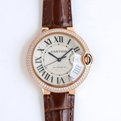 Luxury Diamond Bezel- White Rosegold- Brown Leather - Automatic - 36/42mm