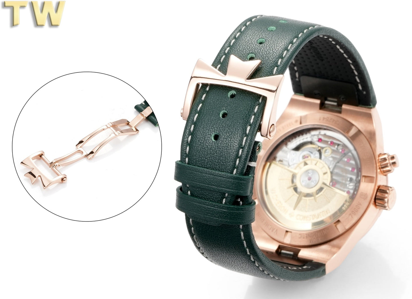 Green leather and rubber strap for 7900V 41mm