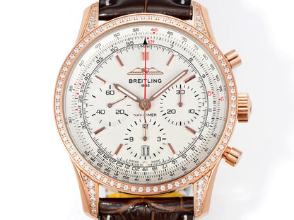 Chronograph - Rhinestone bezel - Rosegold White - N-Timer - Brown Leather - Automatic - 43mm