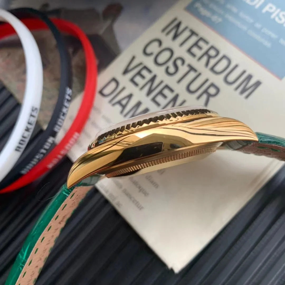 Rolex Day-Date, ref. 118138, yellow gold with green leather strap