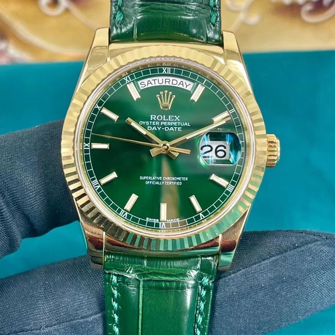 Rolex Day-Date, ref. 118138, yellow gold with green leather strap