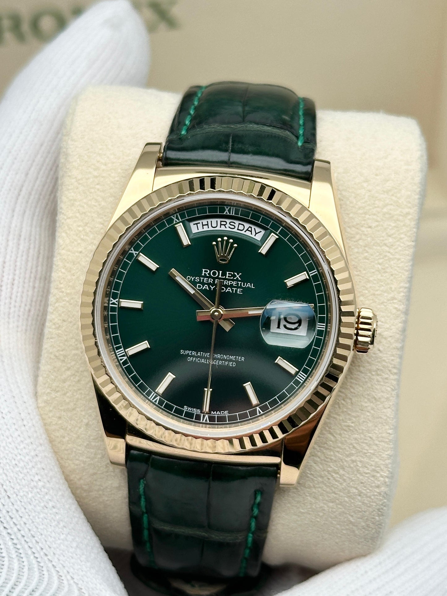 Rolex Day-Date, yellow gold with green leather strap