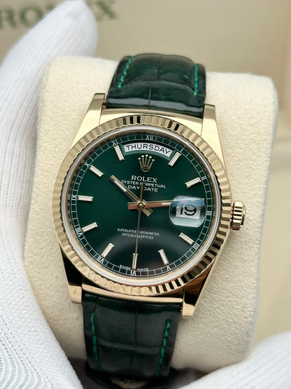 Rolex Day-Date, yellow gold with green leather strap