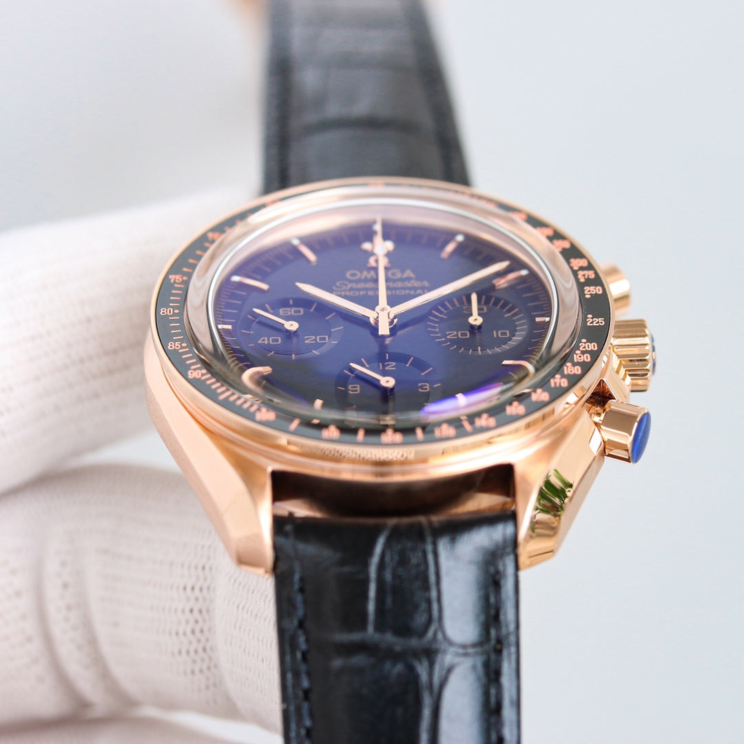 Chronograph -Rosegold- Blue - Black Leather- Automatic - 42mm