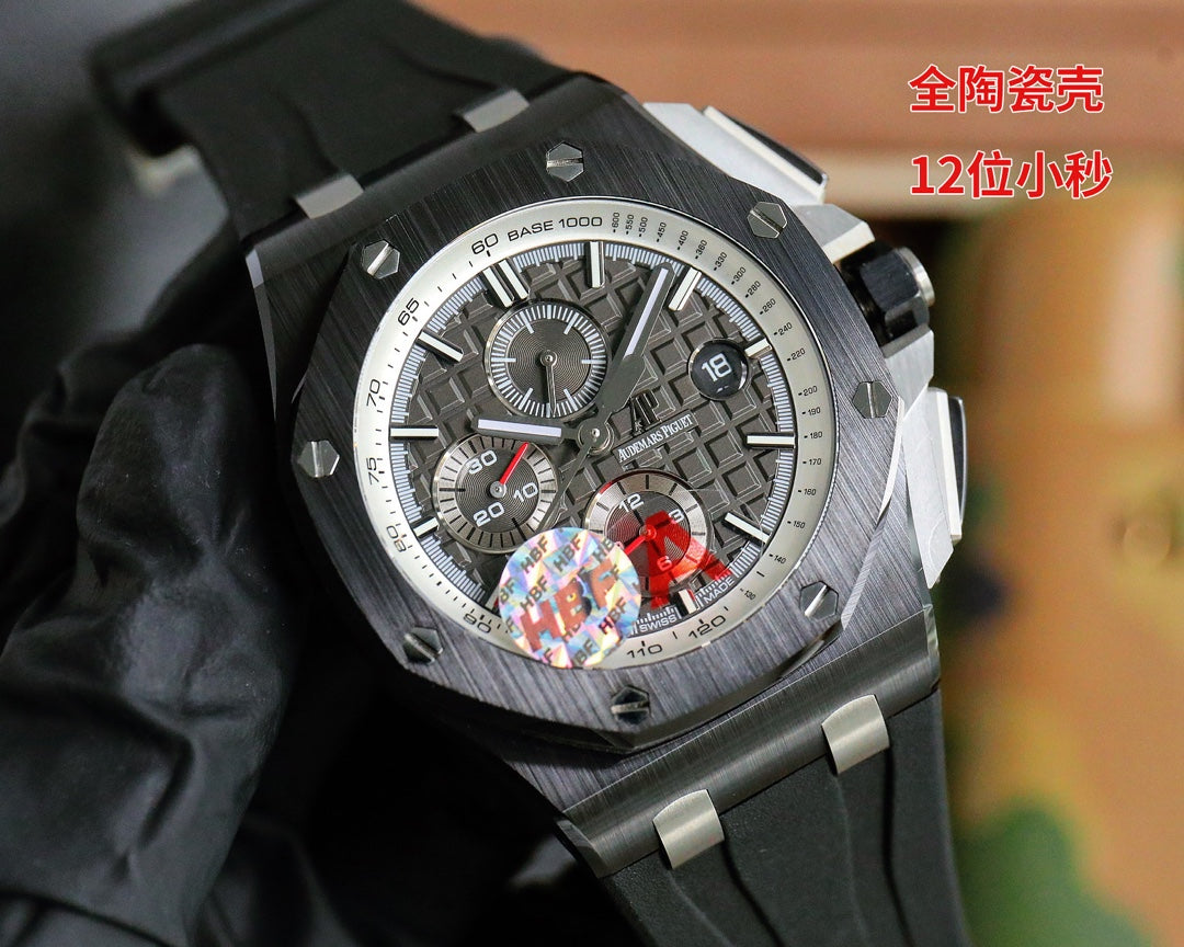 TOP! Chronograph- Black Grey Ceramic Bezel- Black Rubber - Automatic - 44mm