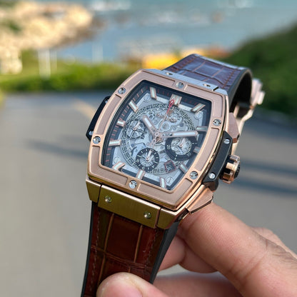 Chronograph -Rosegold Black  - Brown Leather - Automatic - 45mm