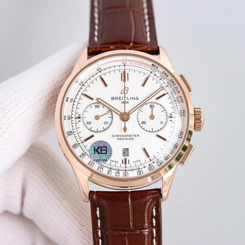 Chronograph -Rosegold White - Brown Leather - Automatic - 42mm