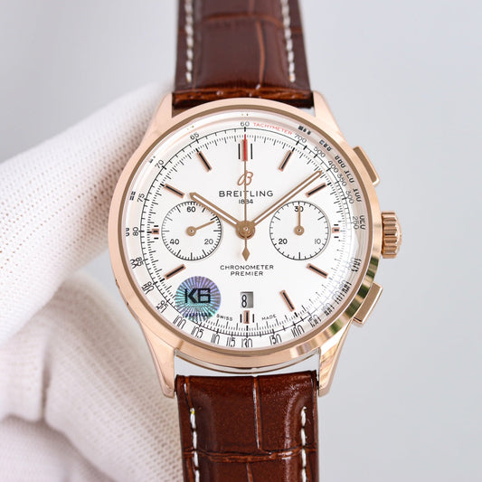 Chronograph -Rosegold White - Brown Leather - Automatic - 42mm