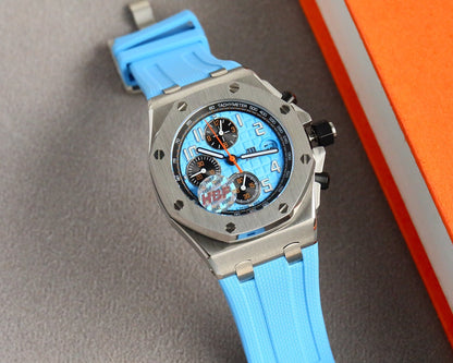 Chronograph - Baby blue White Ceramic Bezel - Blue Rubber - Automatic - 42mm