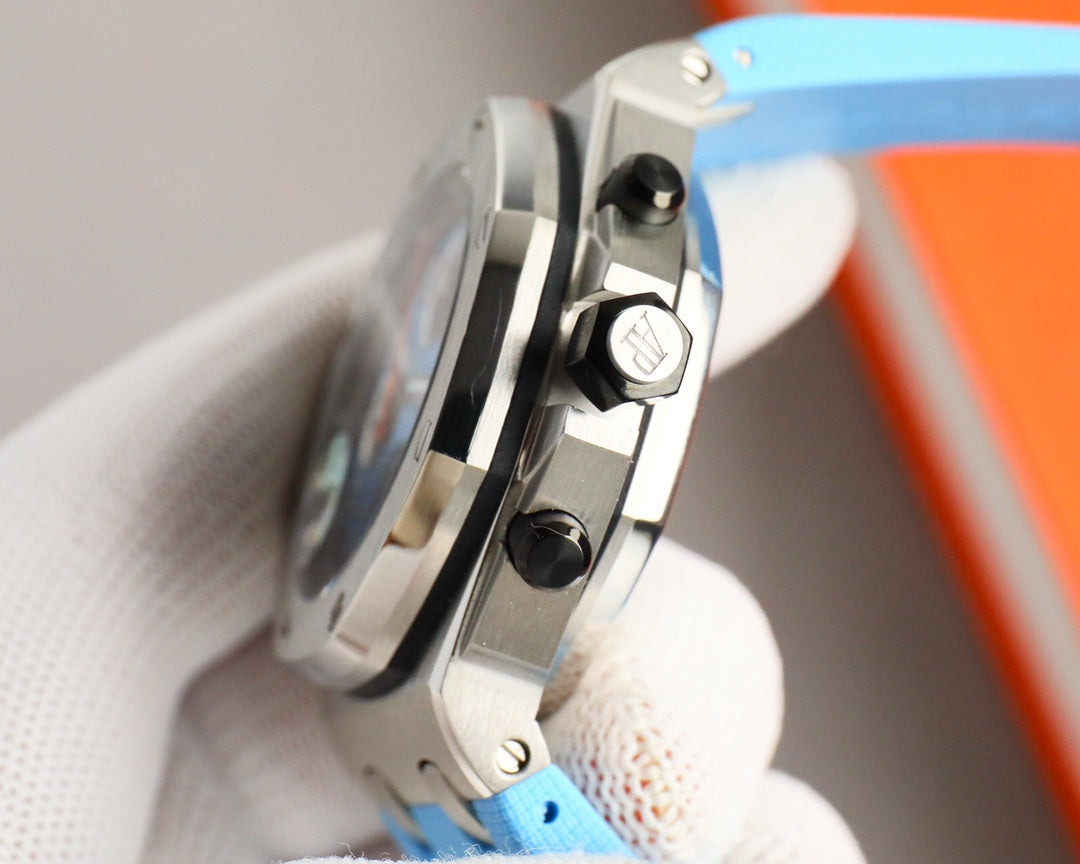 Chronograph - Baby blue White Ceramic Bezel - Blue Rubber - Automatic - 42mm