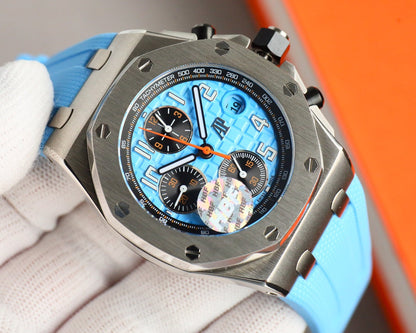 Chronograph - Baby blue White Ceramic Bezel - Blue Rubber - Automatic - 42mm