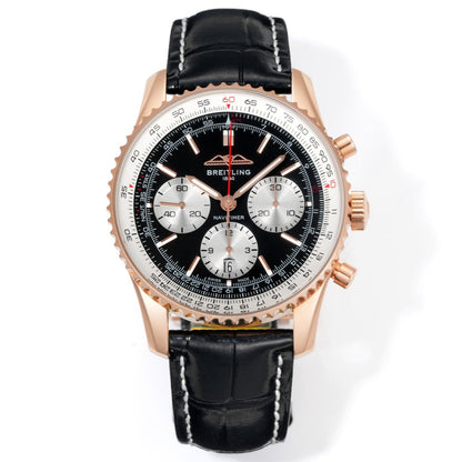 Chronograph - Rosegold White - Black - N-Timer - Black Leather - Automatic - 43mm