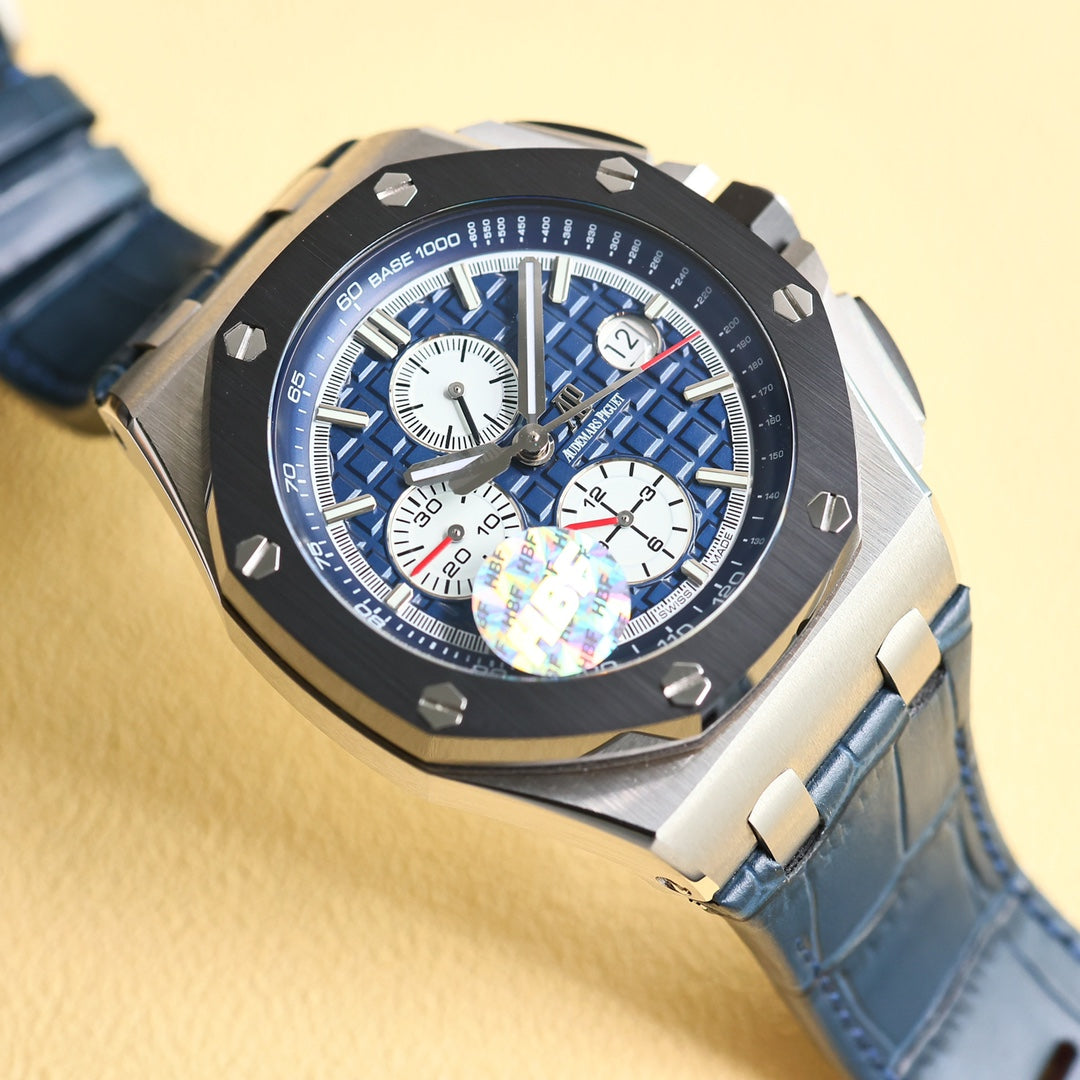TOP! Blue Black Ceramic Bezel - Blue Leather - Automatic - 44mm