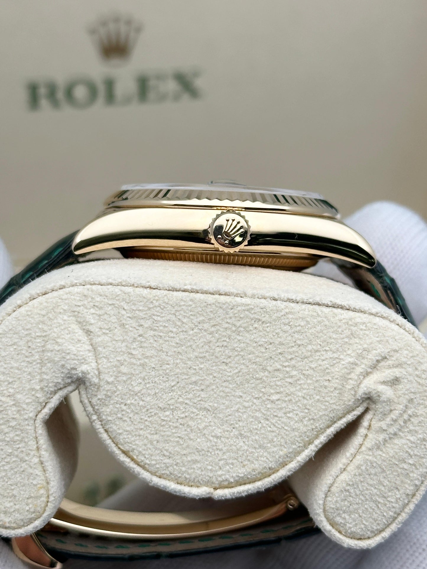 Rolex Day-Date, yellow gold with green leather strap