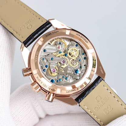 Chronograph -Rosegold- Blue - Black Leather- Automatic - 42mm