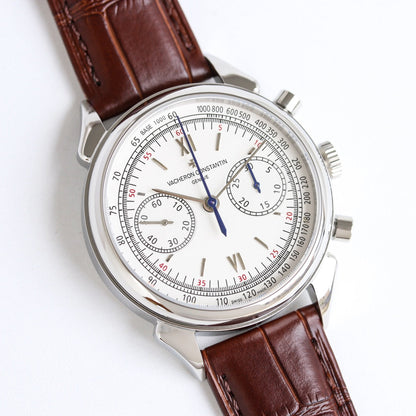 Chronograph - White 904L Steel -Brown Leather - Automatic - 42mm