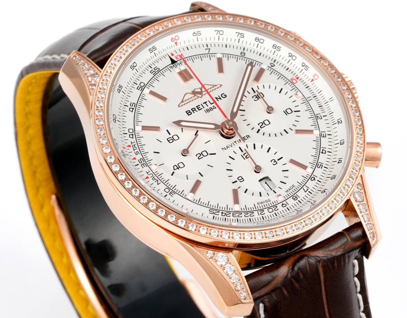 Chronograph - Rhinestone bezel - Rosegold White - N-Timer - Brown Leather - Automatic - 43mm