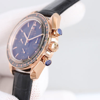 Chronograph -Rosegold- Blue - Black Leather- Automatic - 42mm