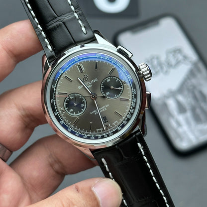 Chronograph - Grey - Black Leather - Automatic - 42mm